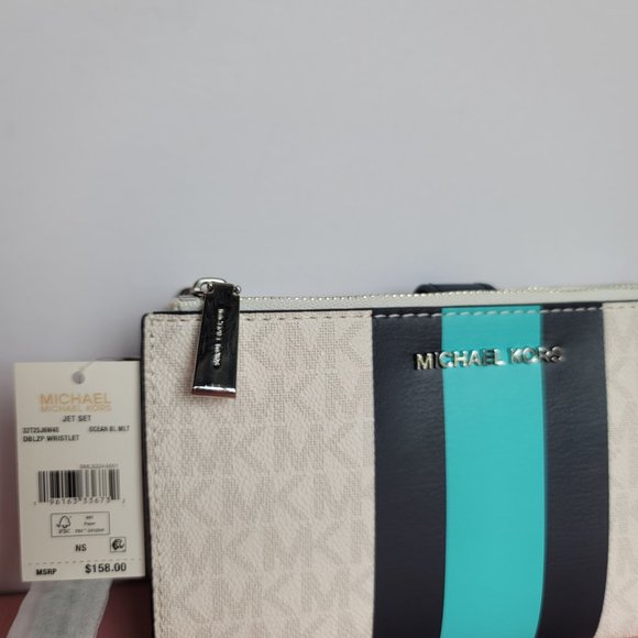 MICHAEL KORS Jet Set Double Zip Signature Phone Wristlet- Ocean Blue Multi 🎈⭐ - Picture 16 of 16